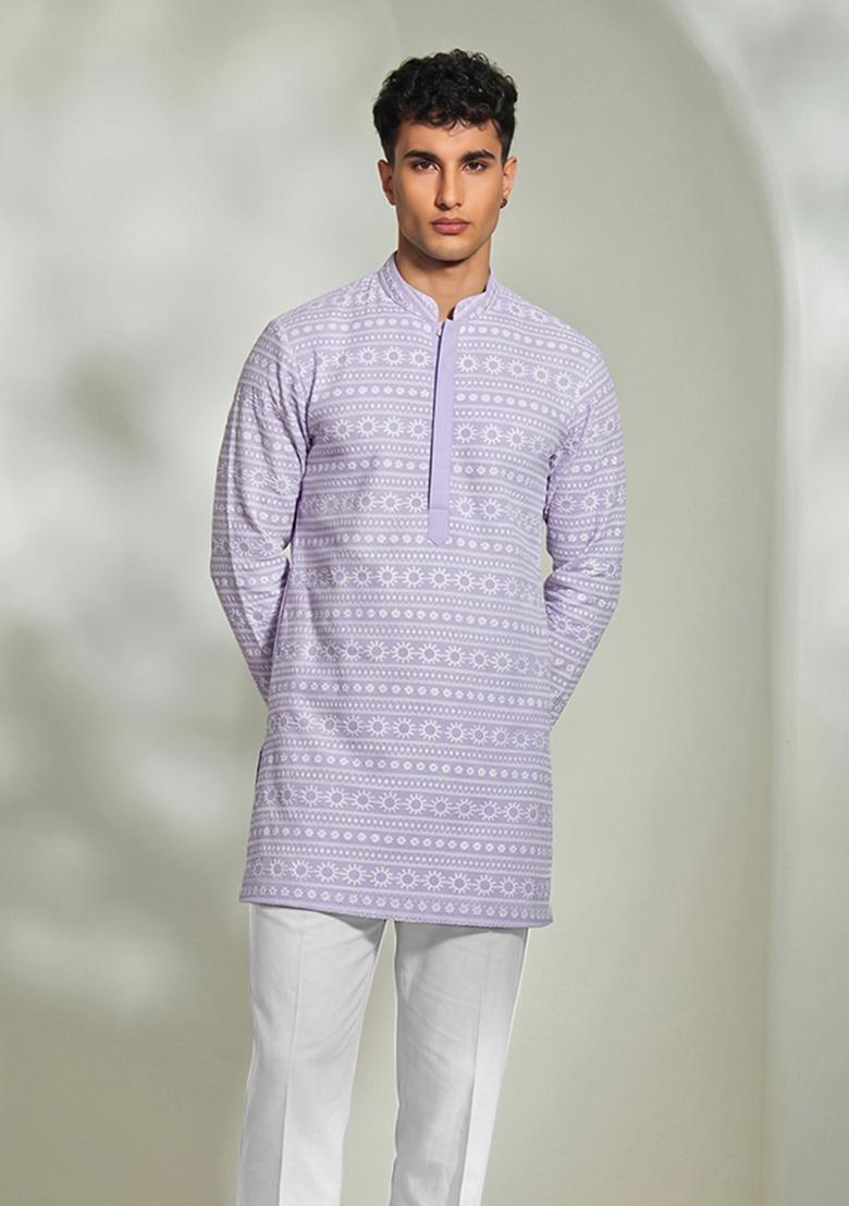 Lilac Embroidered Cotton Kurta Set For Men - Indya