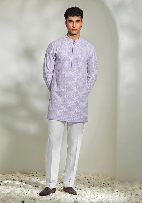 Lilac Embroidered Cotton Kurta Set For Men