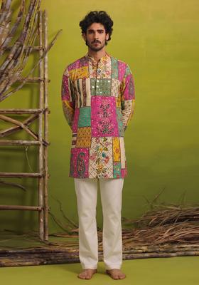 Multi Color Mirror Work Chinon Kurta Set For Men