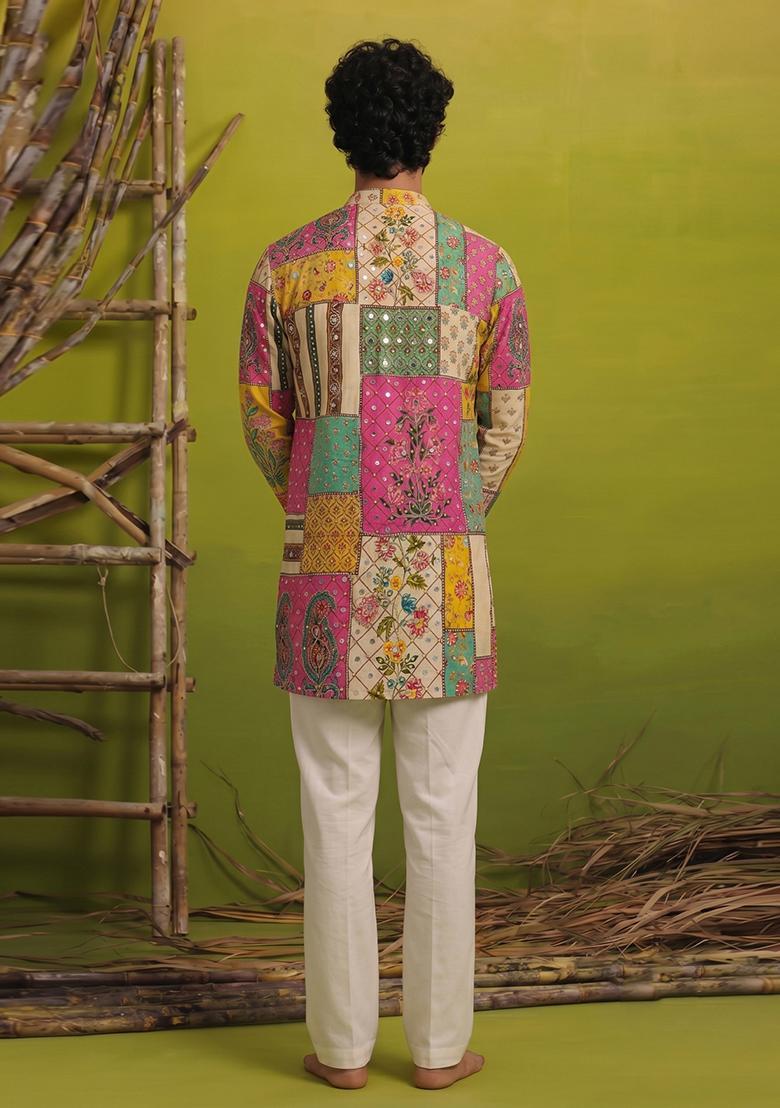Multi Color Mirror Work Chinon Kurta Set For Men - Indya