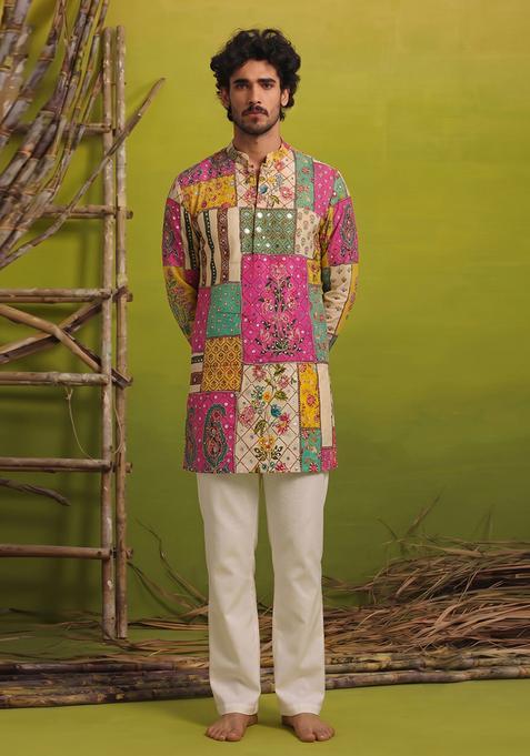 Multi Color Mirror Work Chinon Kurta Set For Men