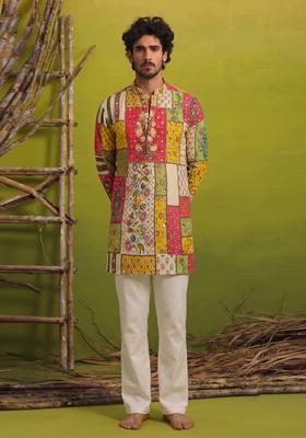 Multi Color Mirror Work Chinon Kurta Set For Men