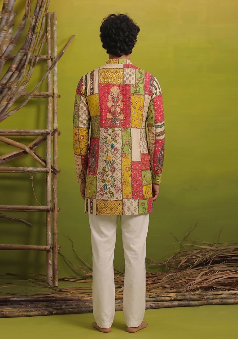 Multi Color Mirror Work Chinon Kurta Set For Men - Indya