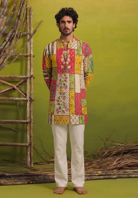 Multi Color Mirror Work Chinon Kurta Set For Men