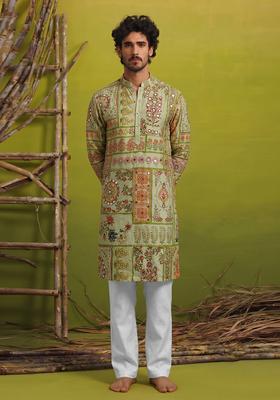 Green Mirror Work Chinon Kurta Set For Men