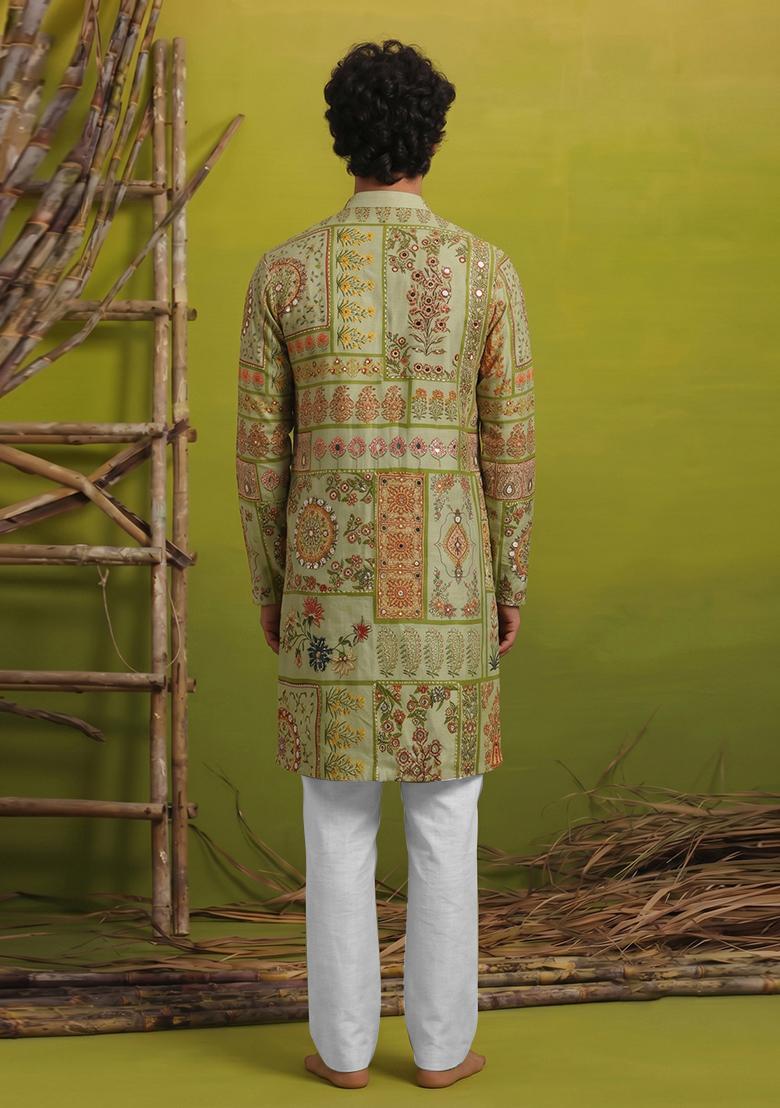 Green Mirror Work Chinon Kurta Set For Men - Indya