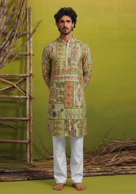 Green Mirror Work Chinon Kurta Set For Men