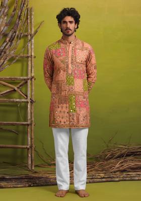 Peach Mirror Work Chinon Kurta Set For Men