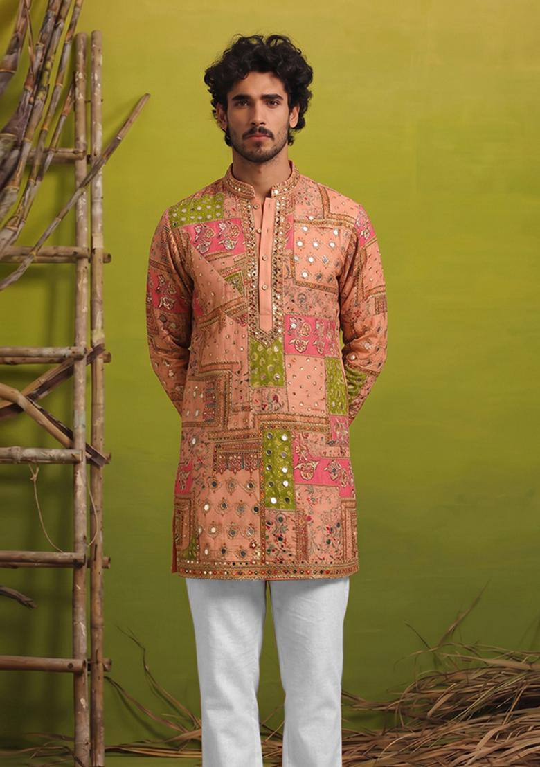 Peach Mirror Work Chinon Kurta Set For Men - Indya