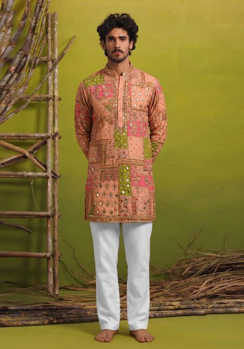 Peach Mirror Work Chinon Kurta Set For Men