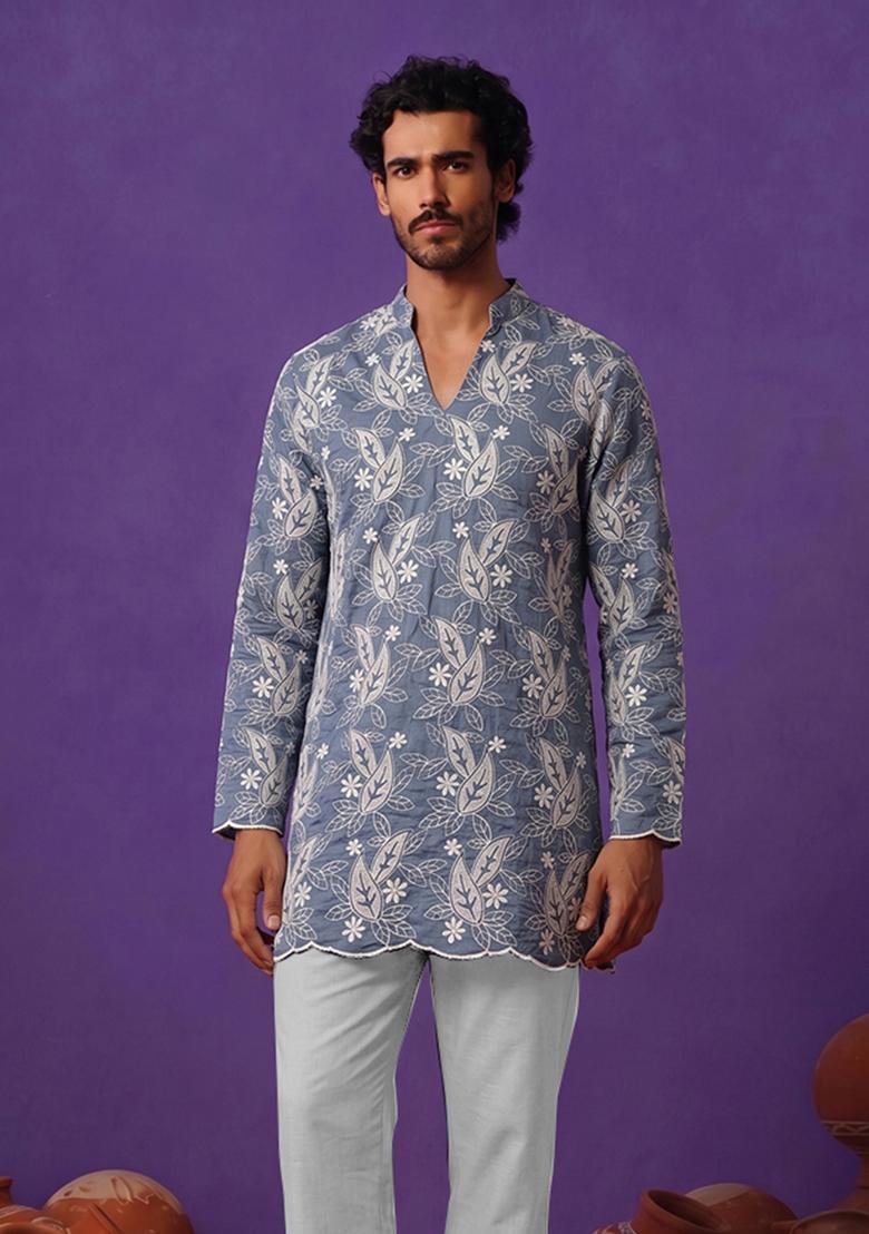 Slate Blue Embroidered Chanderi Kurta Set For Men - Indya