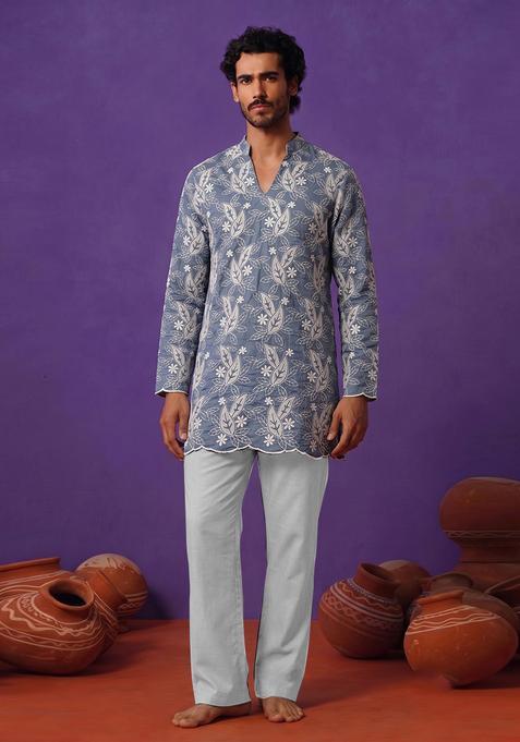 Slate Blue Embroidered Chanderi Kurta Set For Men