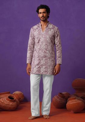 Mauve Embroidered Chanderi Kurta Set For Men