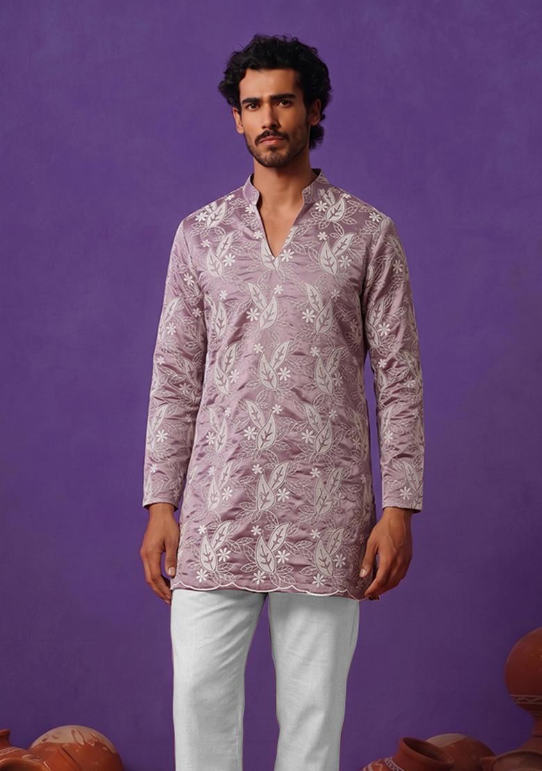 Mauve Embroidered Chanderi Kurta Set For Men - Indya