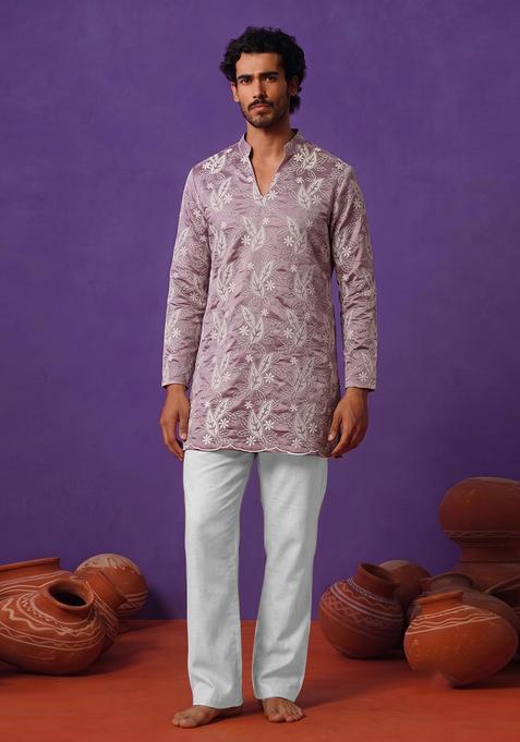 Mauve Embroidered Chanderi Kurta Set For Men