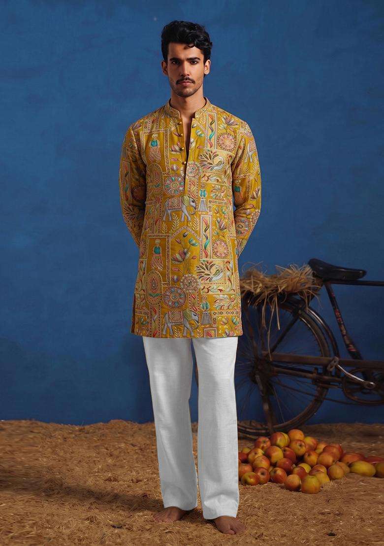 Mustard Brocade Kurta Set For Men - Indya