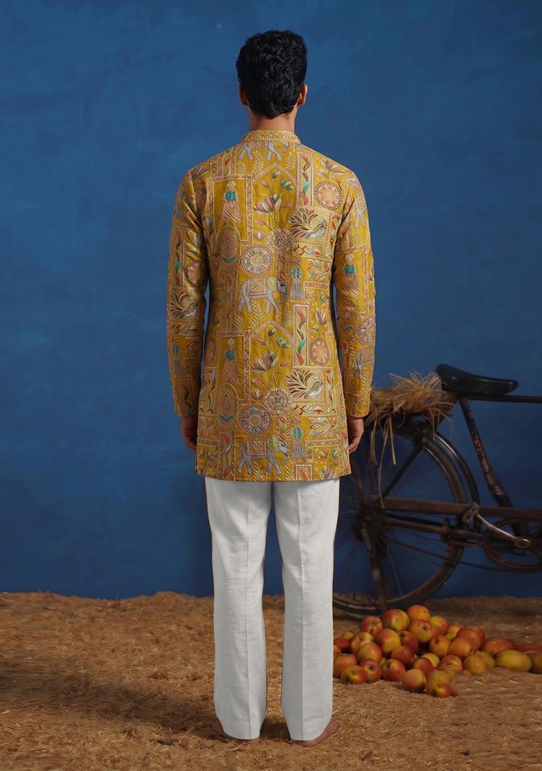 Mustard Brocade Kurta Set For Men - Indya
