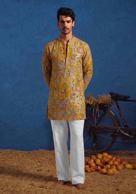 Mustard Brocade Kurta Set For Men