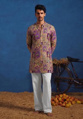 Purple Brocade Kurta Set For Men