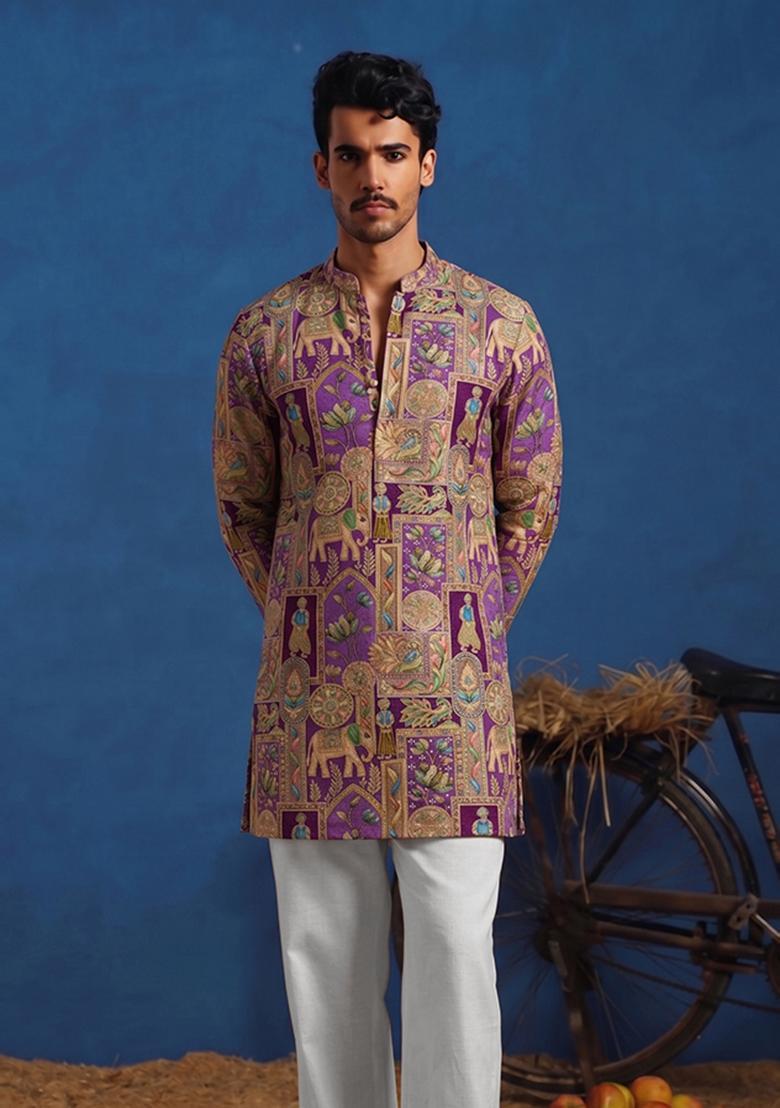 Purple Brocade Kurta Set For Men - Indya