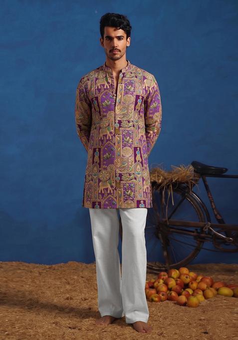 Purple Brocade Kurta Set For Men
