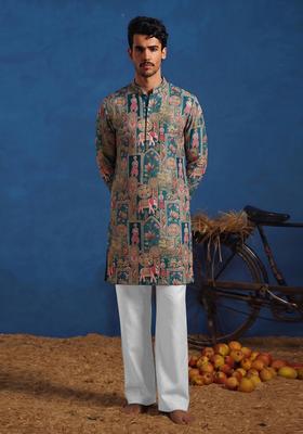 Teal Brocade Kurta Set For Men