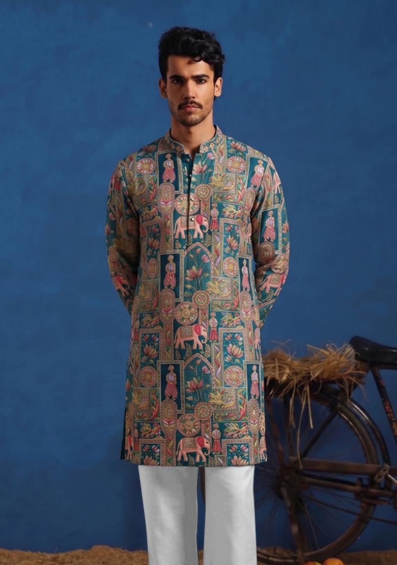 Teal Brocade Kurta Set For Men - Indya
