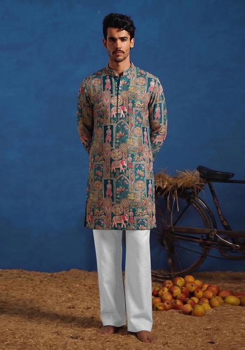 Teal Brocade Kurta Set For Men