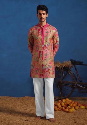 Rani Pink Brocade Kurta Set For Men