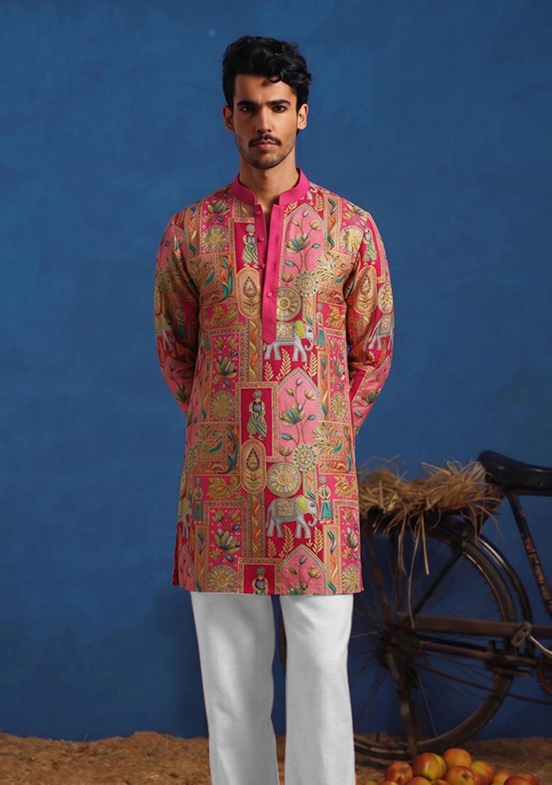 Rani Pink Brocade Kurta Set For Men - Indya