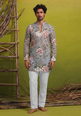 Grey Printed Crepe Kurta Set For Men