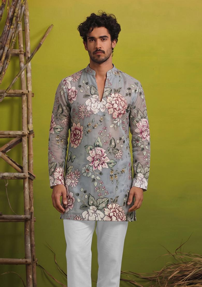 Grey Printed Crepe Kurta Set For Men - Indya