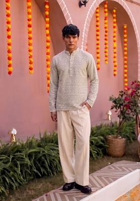 Beige Embroidered Cotton Fusion Set For Men