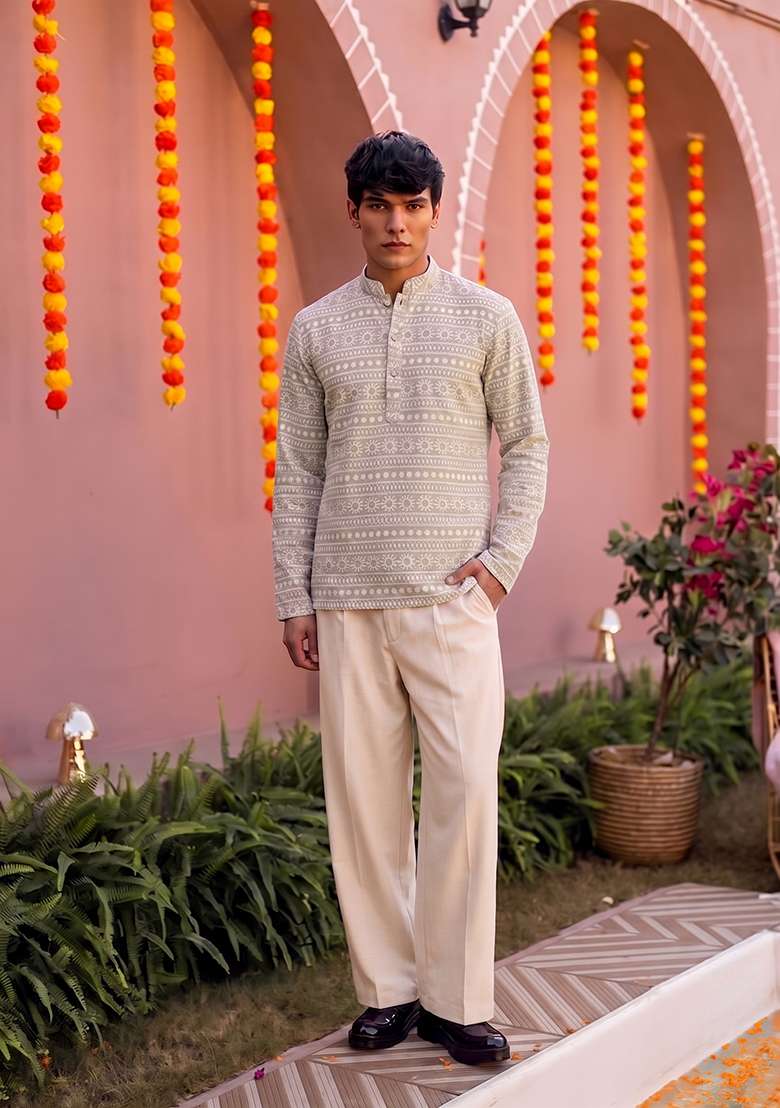 Beige Embroidered Cotton Fusion Set For Men - Indya
