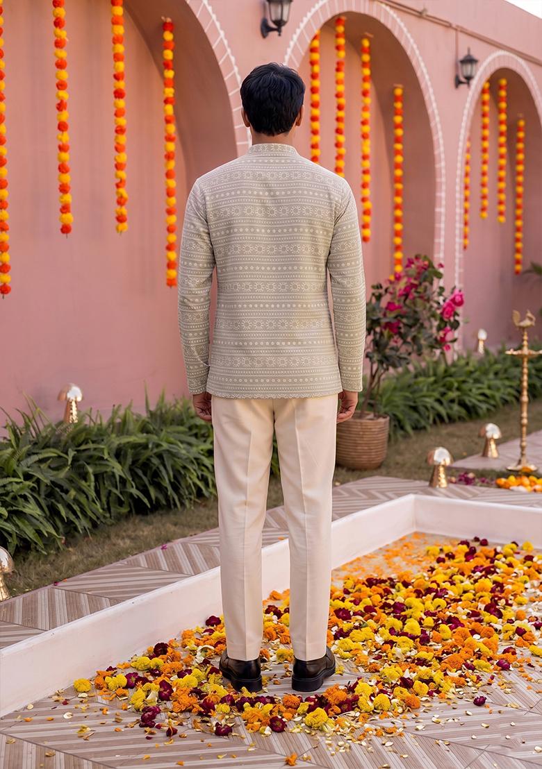 Beige Embroidered Cotton Fusion Set For Men - Indya