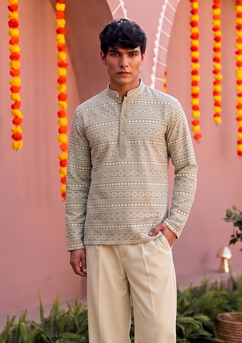 Olive Green Embroidered Cotton Kurta Set For Men - Indya