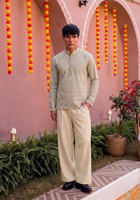 Olive Green Embroidered Cotton Kurta Set For Men