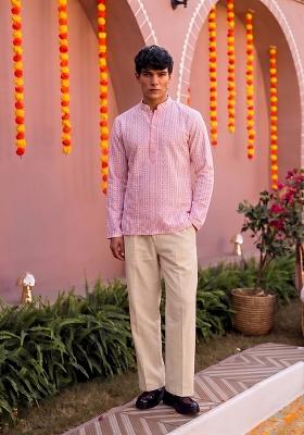 Light Pink Embroidered Cotton Kurta Set For Men