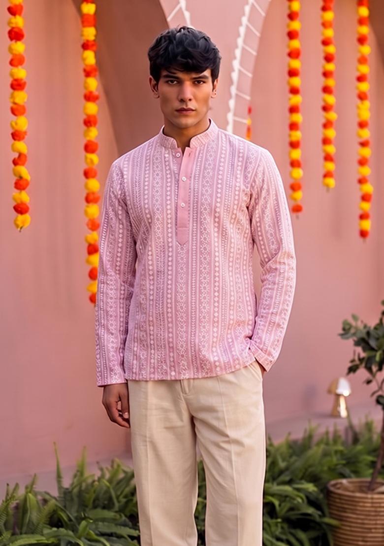 Light Pink Embroidered Cotton Kurta Set For Men - Indya