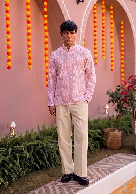 Light Pink Embroidered Cotton Kurta Set For Men