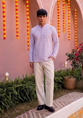 Lavender Embroidered Cotton Fusion Set For Men