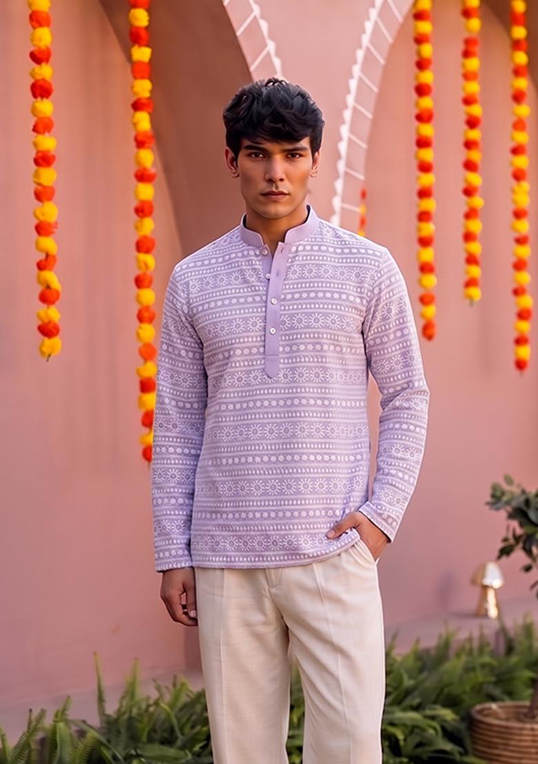 Lavender Embroidered Cotton Fusion Set For Men - Indya