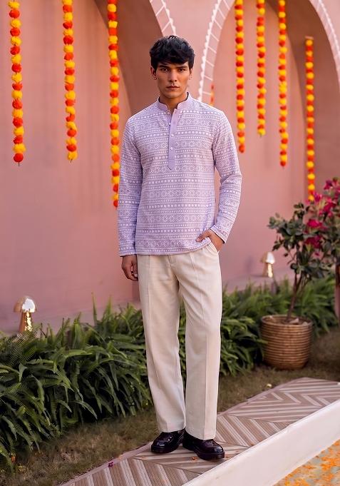 Lavender Embroidered Cotton Fusion Set For Men
