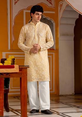 Pastel Yellow Embroidered Cotton Kurta Set For Men