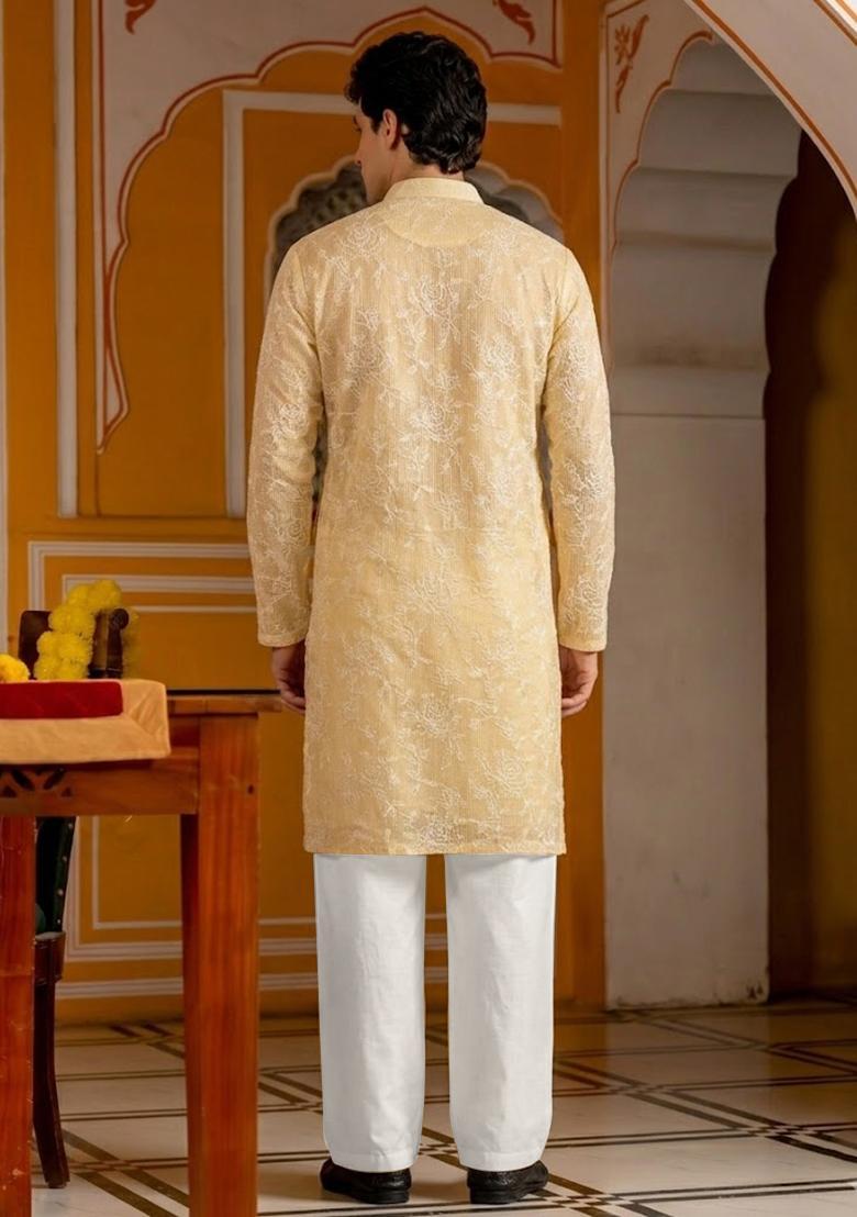 Pastel Yellow Embroidered Cotton Kurta Set For Men - Indya