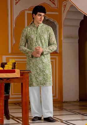 Olive Green Embroidered Cotton Kurta Set For Men