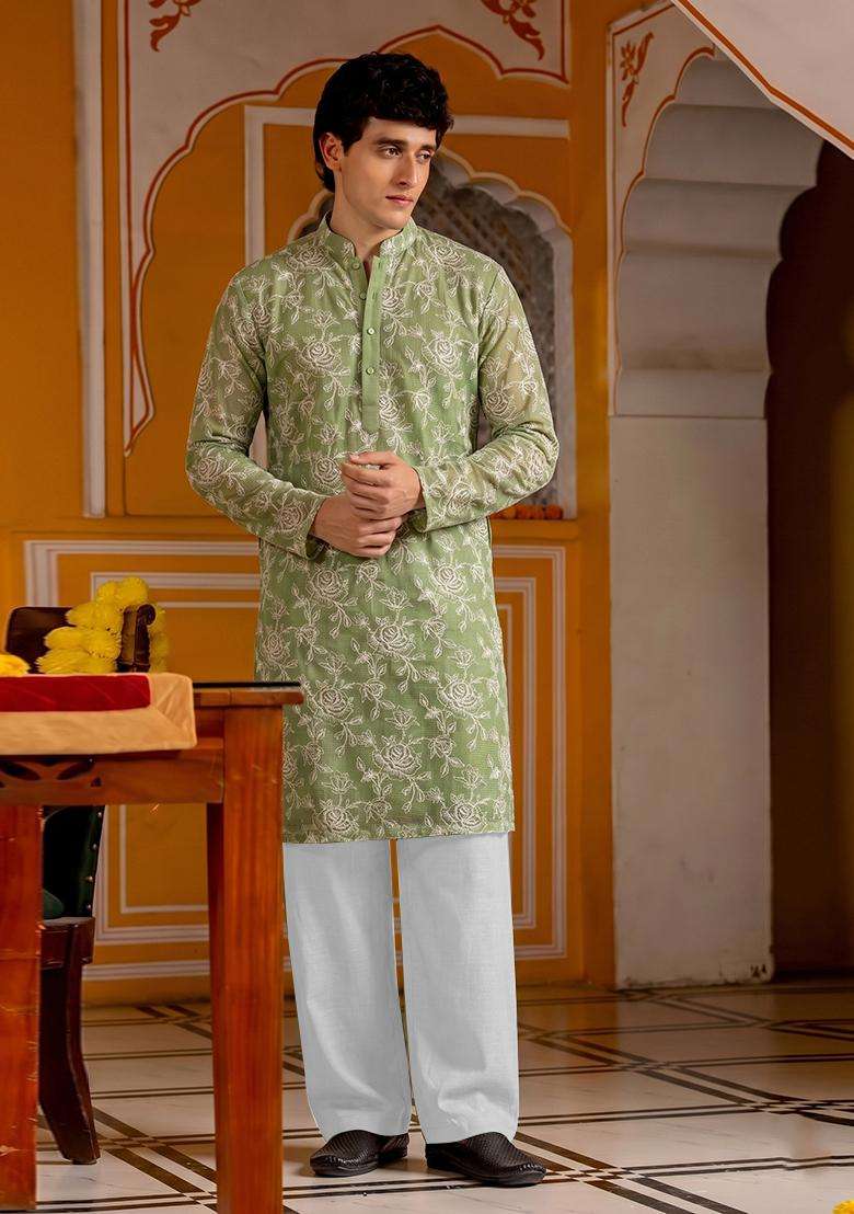 Olive Green Embroidered Cotton Kurta Set For Men - Indya
