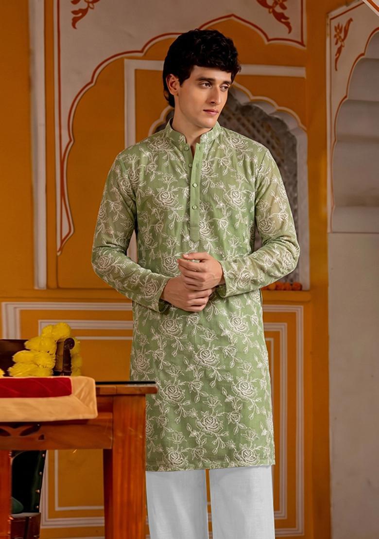 Olive Green Embroidered Cotton Kurta Set For Men - Indya