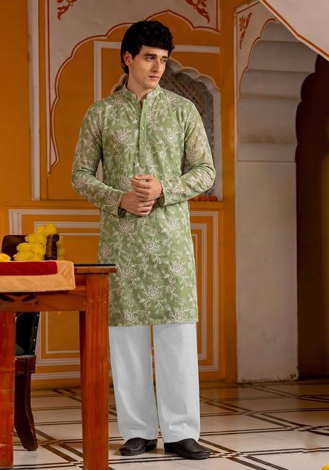 Olive Green Embroidered Cotton Kurta Set For Men