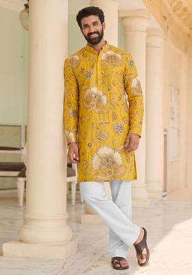 Mustard Printed Organza Kurta Set For Men